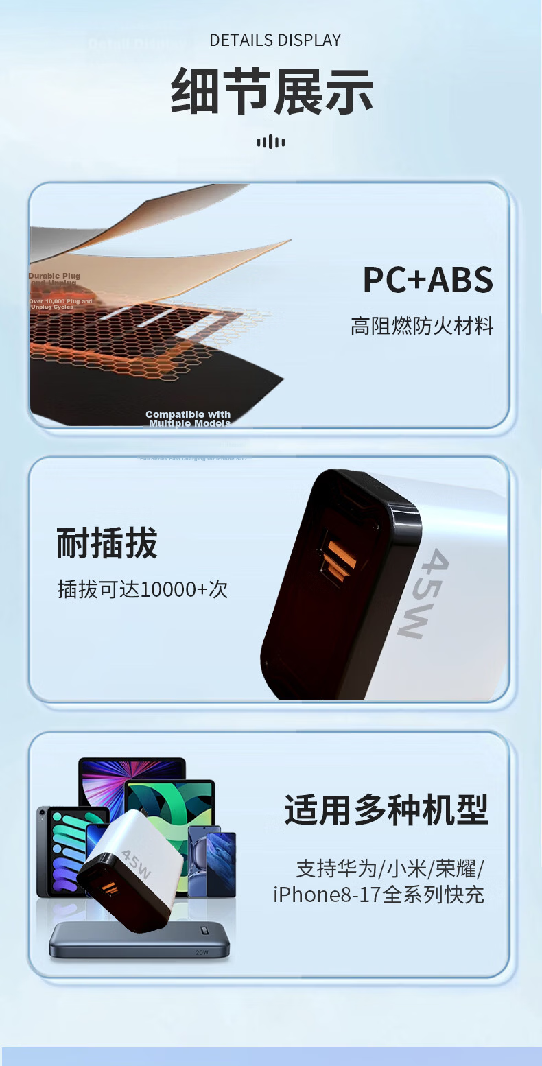 Zitai 45W GaN Fast Dual-Port Charger for Apple iPhone 17 Pro Max/iPhone 16 Huawei Xiaomi Honor Tablets Laptops WT45W 11
