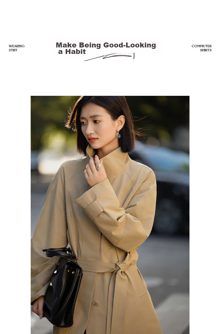 Dme [City Light Travel] Spring Healing Buff Stand Collar Cotton-Nylon Twill Long Loose Women's Trench Coat 12