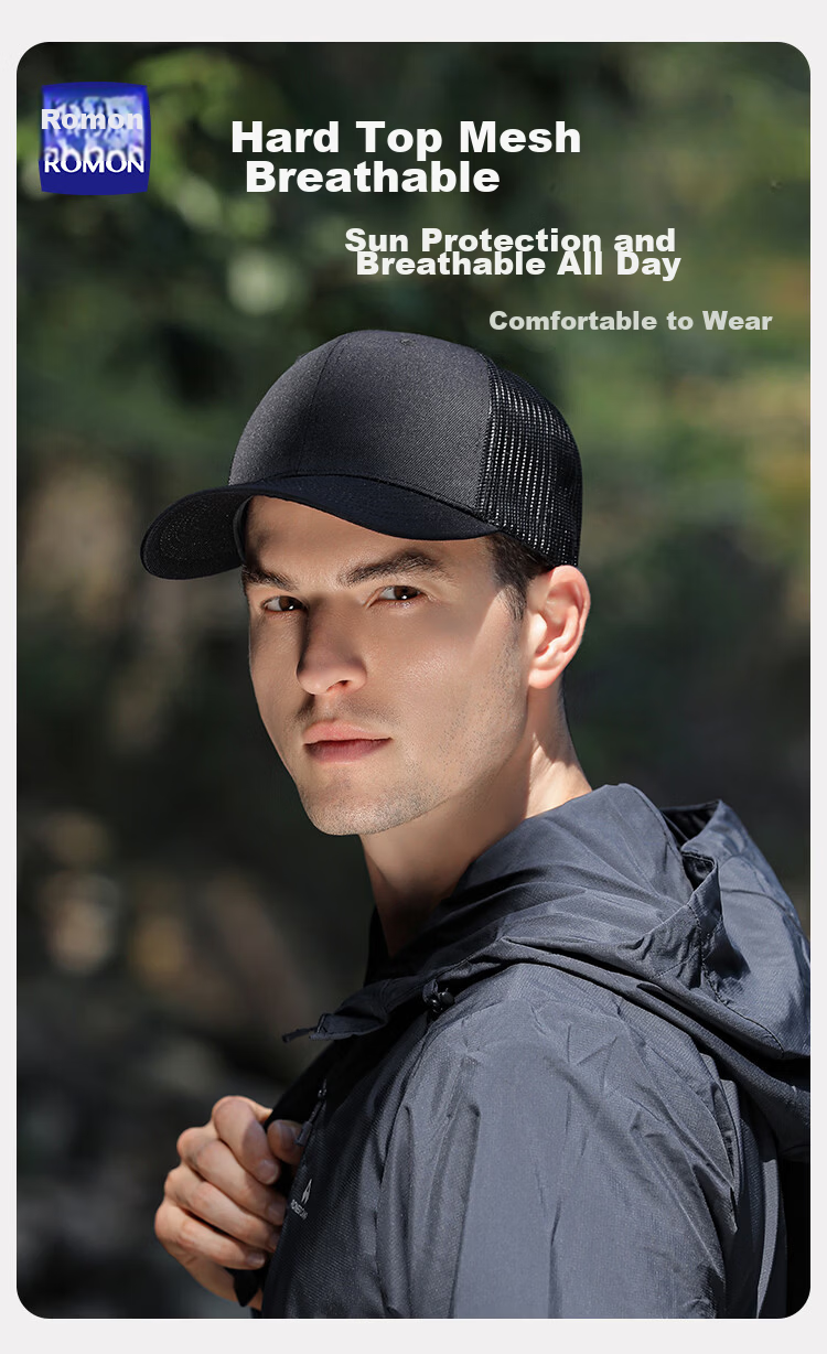 Romon Men's Baseball Cap Four Seasons Outdoor Hard Top Fashion Casual Hat Sun Protection Breathable Mesh Large Head Circumference Slim Face 1