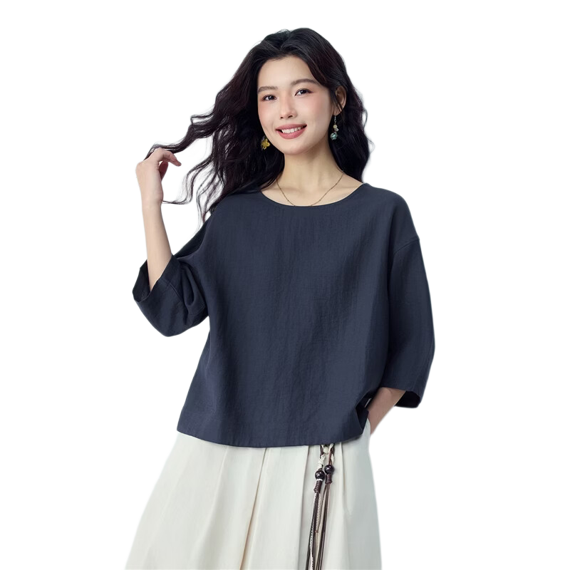 Giordano 2026 Summer New Textured Loose Casual Boat Neck Three-Quarter Sleeve Linen Shirt for Women 13346233