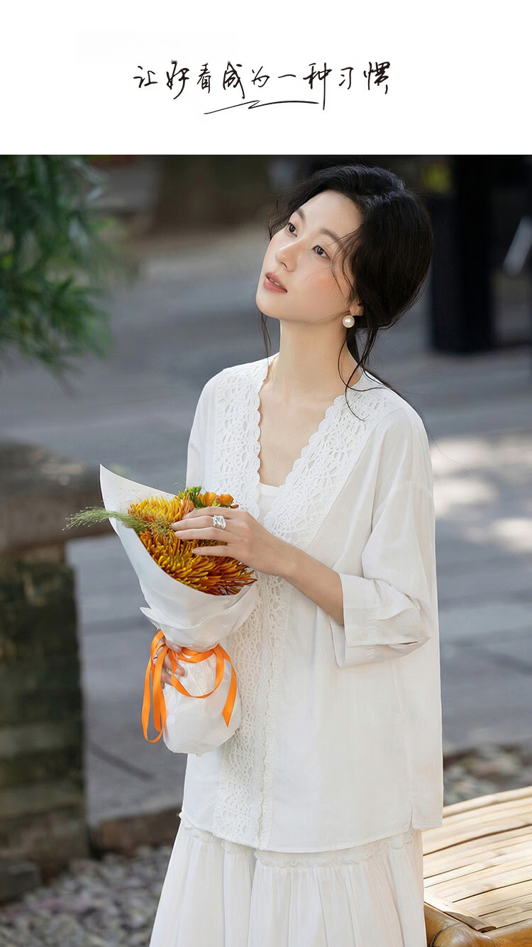 Demana Pure Cotton Breathable Poetic Summer Artistic Fresh Lace Spliced V-Neck Short Sleeve Shirt for Women 1