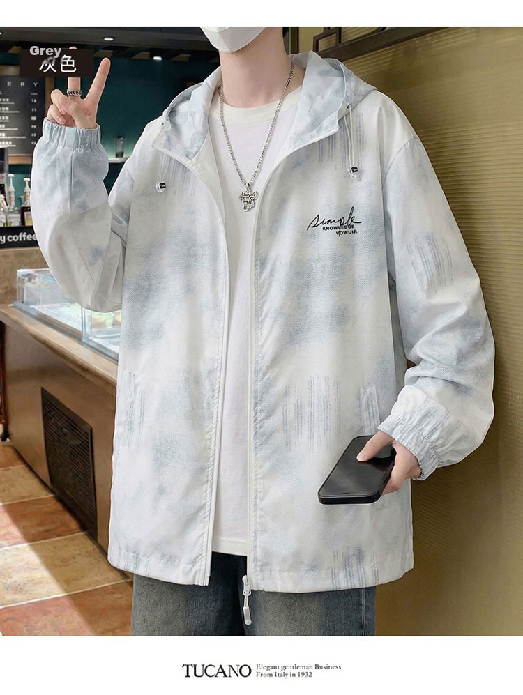 TUCANO Men's Summer Lightweight Windproof Sun Protection Ice Silk Breathable Hooded Outdoor Gradient Jacket Gray 4XL 18