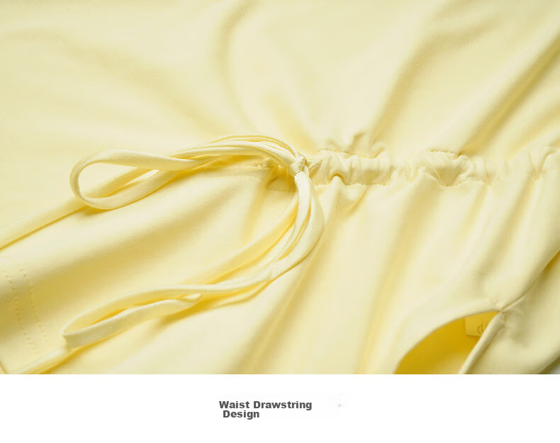 Olrain European Style Summer New French Drawstring Waist Slim Fit Short Sleeve T-Shirt Women Solid Color Versatile Top Yellow L 23