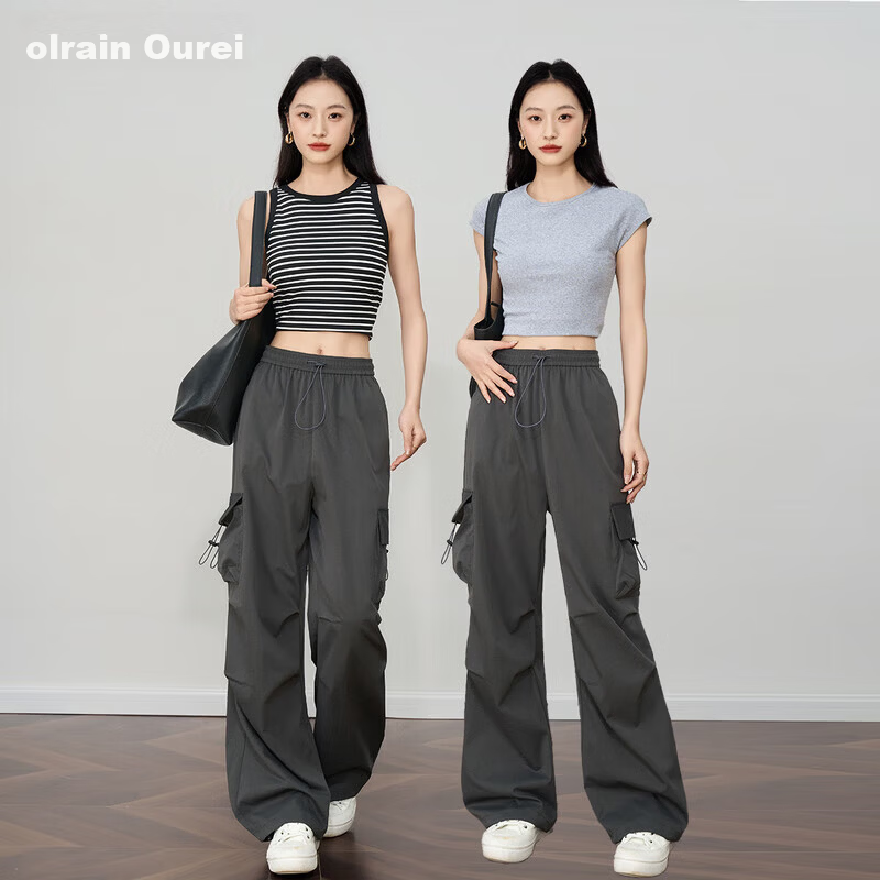 Olrain Women's Gray American Casual Workwear Pants Summer Vintage Sports High-Waist Trousers Gray XL