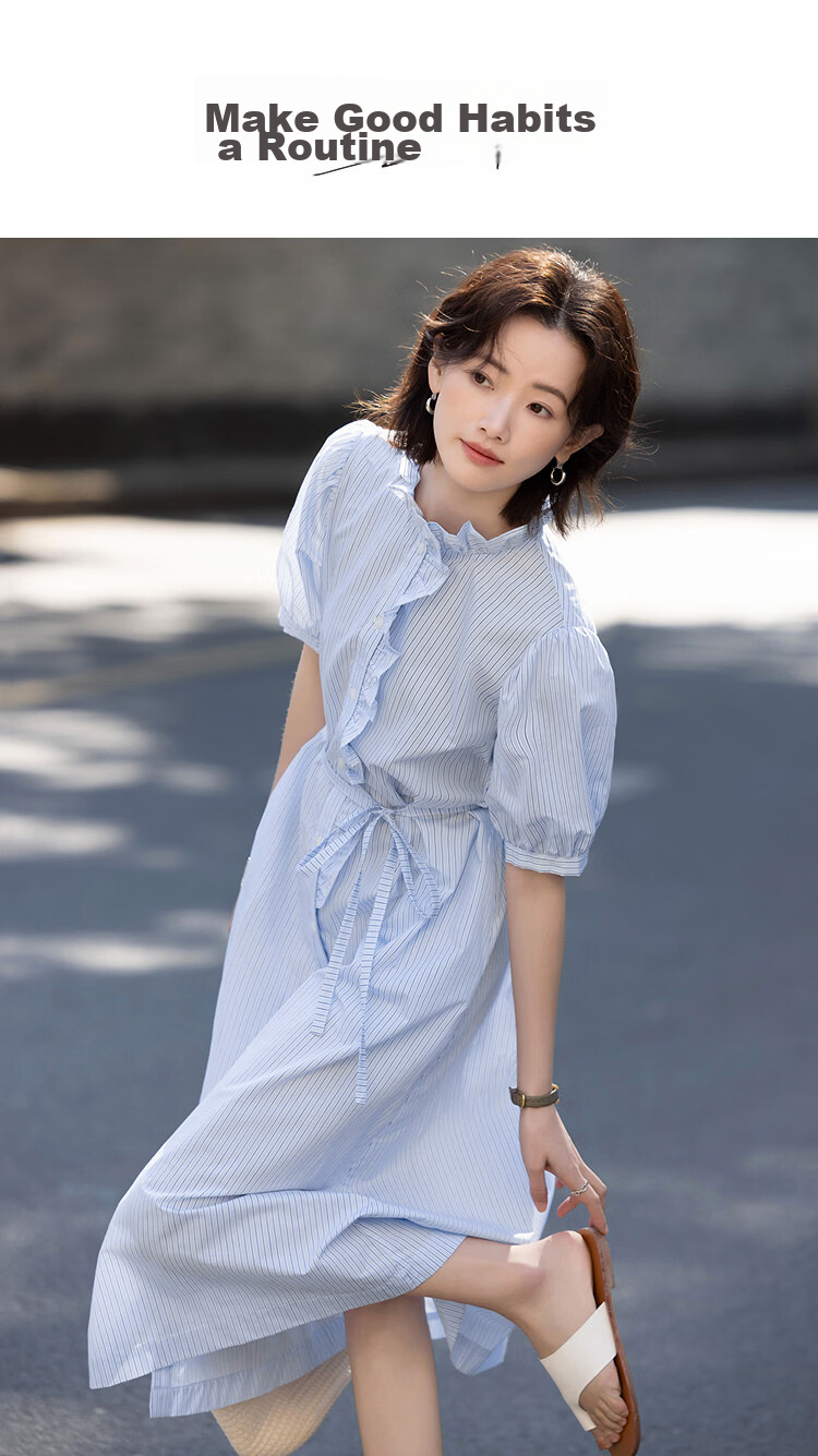 Demana French Romantic Summer Cloud Cotton Striped Ruffle Collar Waist-Slimming Dress for Women Premium Quality 1