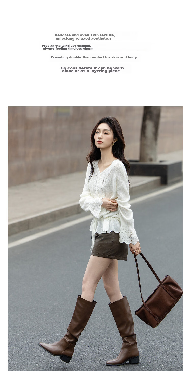 Demana Mohair Wool Blend Autumn V-Neck Hollow Jacquard Ruffle Drawstring Slim Knit Sweater for Women 6