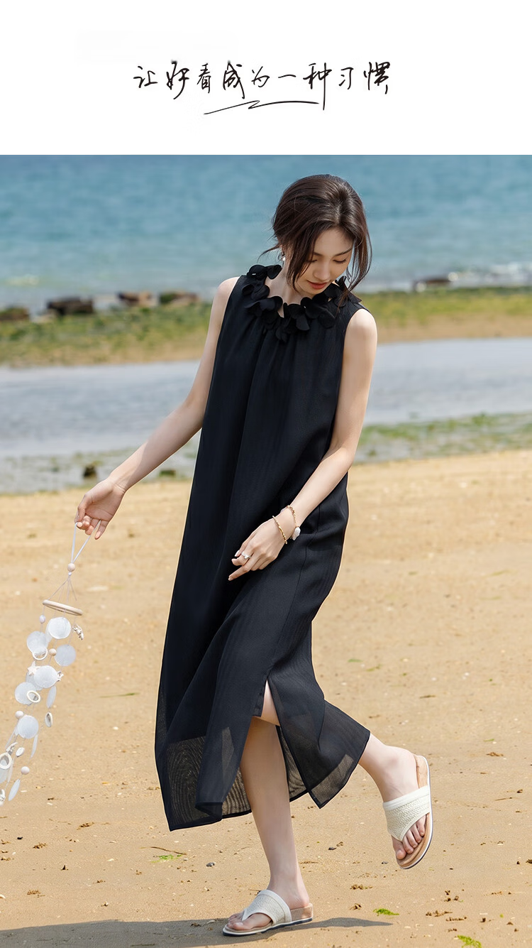 Demana Elegant Goddess Summer French Vacation Style Petal Collar Sleeveless A-Line Slim Dress for Petite Women 1