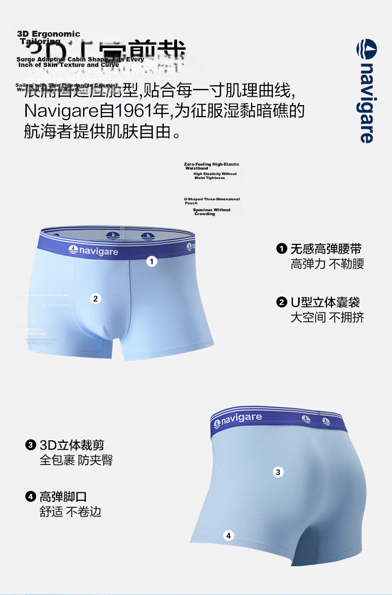 Navikail 3-Pack Men's Antibacterial Breathable Boxer Briefs Small Sailboat Design 10