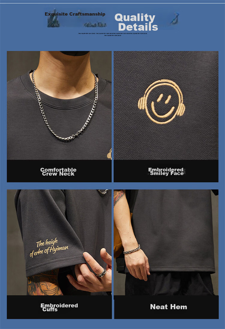 Pierre Cardin Men's Short Sleeve T-Shirt Summer Trendy Smiley Embroidery Loose Fit Crew Neck Heavyweight Cotton Top Dark Gray M 4