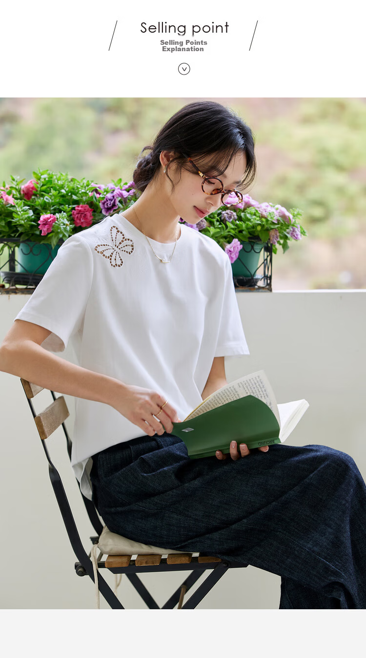 Vimly Butterfly Hollow Embroidery Cotton Short Sleeve T-Shirt Women Summer New Loose Fit Casual Round Neck Top Cloud White L 7