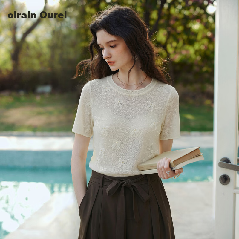 Olrain Summer New Bow Jacquard Pearl Embellished Short Sleeve Knit Top for Women Off-White XL