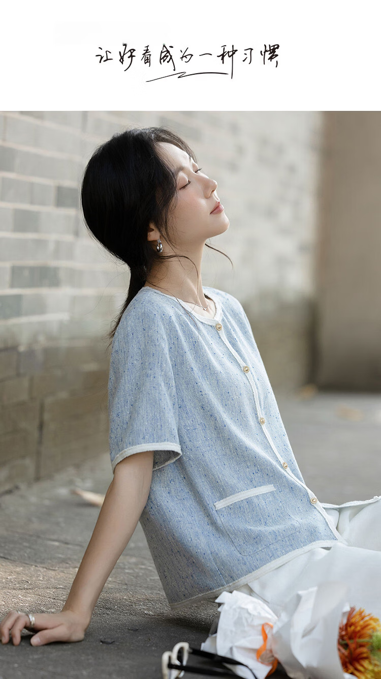Demana French Elegance Summer Tweed Color-Block Ribbon Spliced Round Neck Loose Slimming Jacket for Women High-End Feel 1
