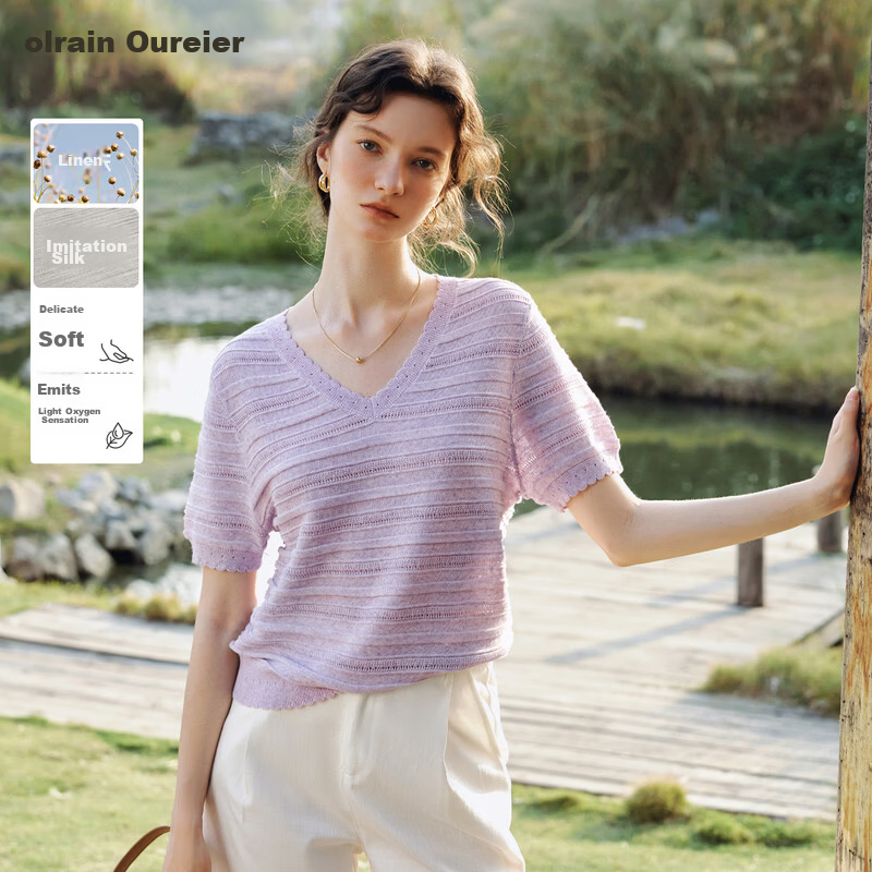 Olrain New Summer Purple V-Neck Hollow Casual Simple Short Sleeve Pullover Knit Top for Women Purple S