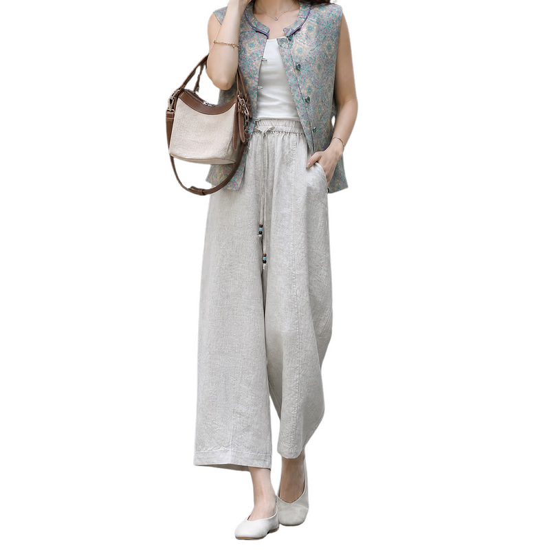 Demana [100 Lyocell] Summer Lightweight Nine-Point Tapered Beaded Drawstring Elastic Waist Petite Women's Casual Pants