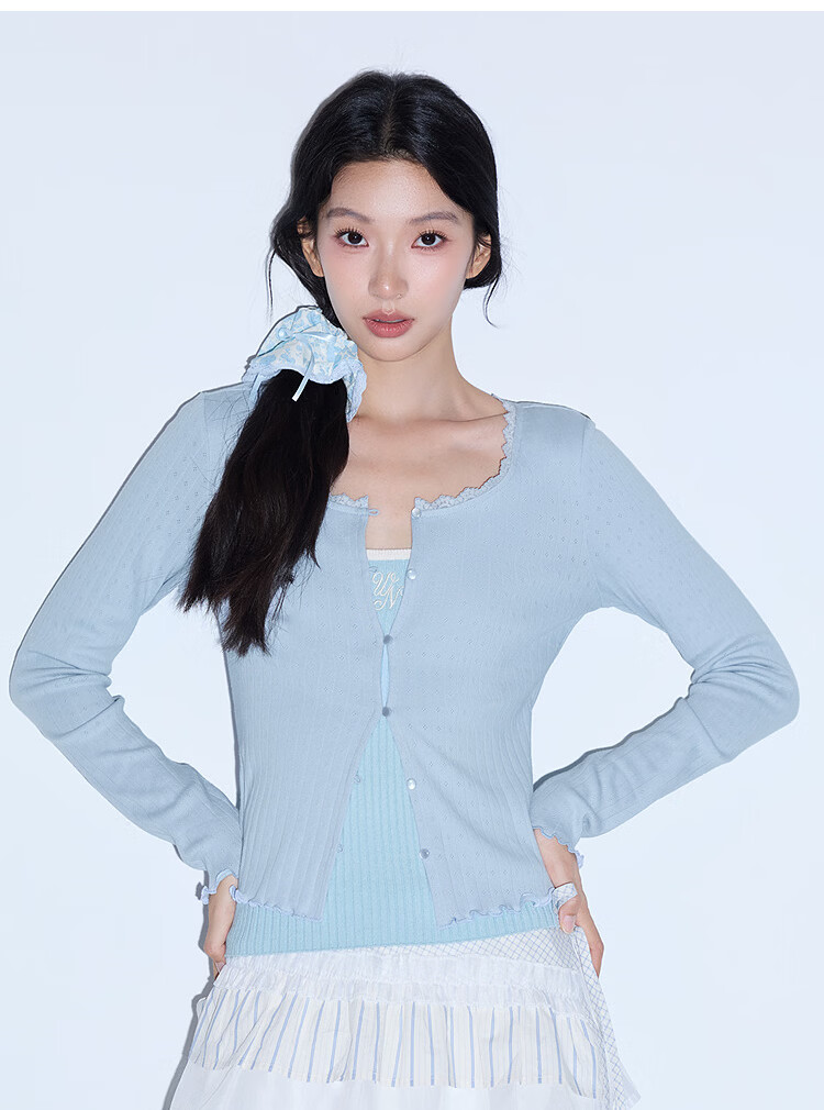 Semir [Pure Cotton] Long Sleeve T-Shirt Women 26 Autumn Short Slim Lace Trim Thin Cardigan 109526101005 21