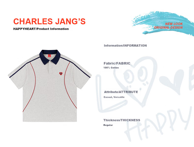 Charles Heart Summer Business Casual Patchwork Short Sleeve Polo Shirt Unisex Pure Cotton Versatile Couple Light Heather Gray M 7