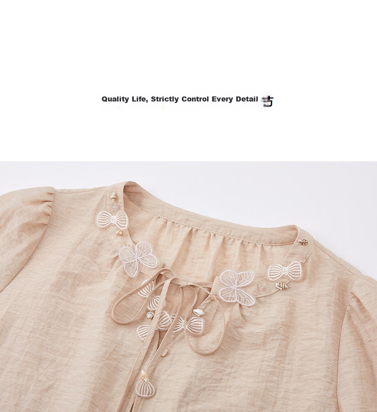 Demana [With Linen] Spring Sweet Style Ribbon Butterfly Shell Puff Sleeve Loose Fit Petite Women's Shirt 15