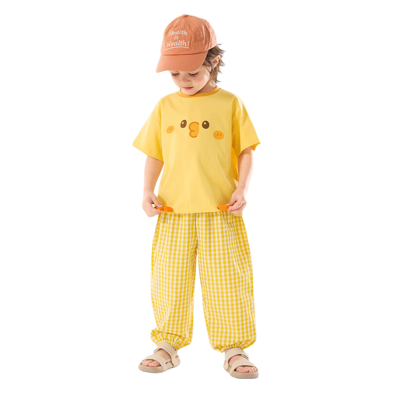 Dudu Kids Summer Set Loose Boys Short Sleeve T-Shirt Girls Casual Pants Baby Two-Piece Set Cream Yellow 90