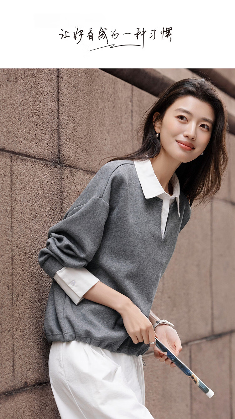 Demana [Comfort Elastic Air Layer] Spring Design Three-Button Spliced Fake Two-Piece Small Female Sweatshirt 1