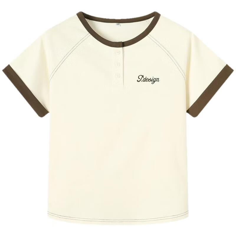 TonLion 2026 Summer Women's Color-Block Mid-Length Short Sleeve T-Shirt Apricot L