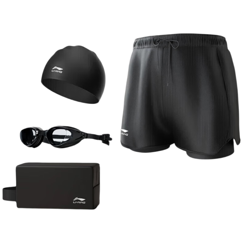 Li-Ning Men's Swim Trunks, Anti-Embarrassment Double-Layer Water And Land Dual-Use Swimming Trunks, Swimming Goggles, Swim Cap, Swimwear Set for Men, Non-Prescription XXXL