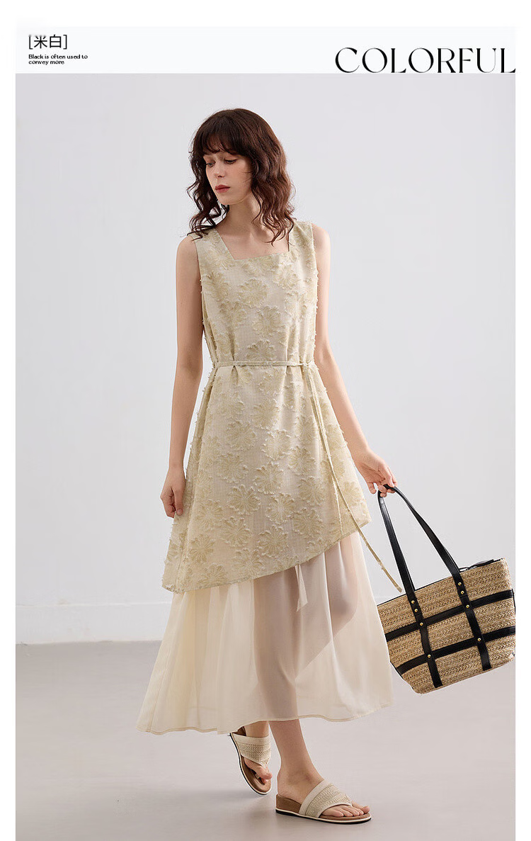 Demana Summer Faux Two-Piece Spliced Chiffon Lightweight Loose Sleeveless A-Line Mid-Length Dress with Cutwork and Print 3