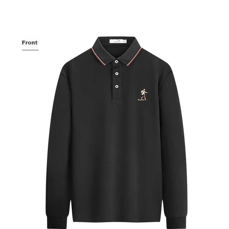 DANCING WOLVES Fleece-Lined Autumn Winter Basic Commuter Skin-Friendly Warm Men's Long Sleeve Polo Shirt 001 Black 175 15