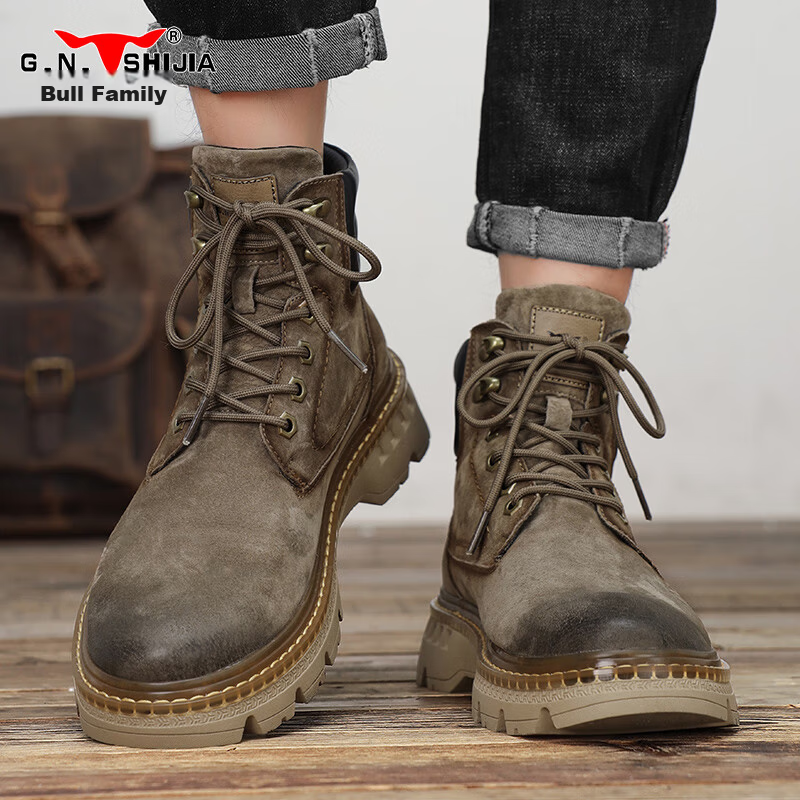 Bull Family Martin Boots Men Autumn Winter New Genuine Leather Yellow Boots Fashion Retro Versatile Work Boots Outdoor Hiking Shoes