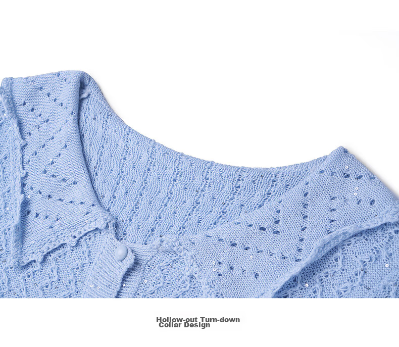 Olrain French Style New Summer Hollow Out Lapel Elegant Short Sleeve Knit Cardigan Top for Women Blue L 22