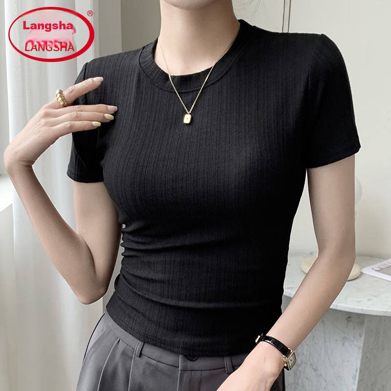 Langsha Knitted Short Sleeve Base Shirt for Women Spring Summer Casual Slim Fit T-Shirt