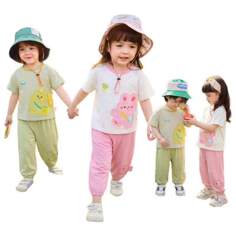 Dudu Kids Cartoon Summer Set Baby Skin-Friendly Two-Piece Boys T-Shirt Girls Mosquito-Proof Pants Green Stripes 90