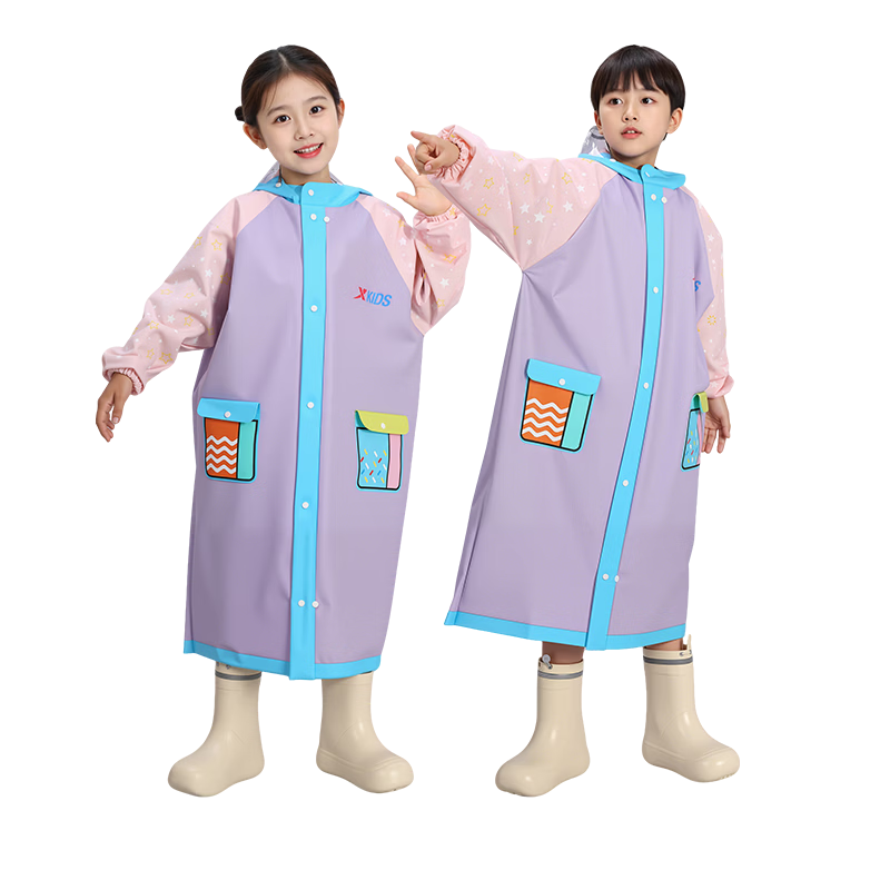 Xtep Kids Raincoat Boys Girls Elementary School Waterproof Windproof Rain Poncho XL Ice White Blue - Basic Model
