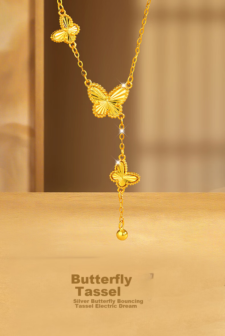 Jinliufu Auspicious Necklace for Women S925 Silver Butterfly Tassel Chain Pure Silver Gold Pendant Mother's Day Gift for Girlfriend 1