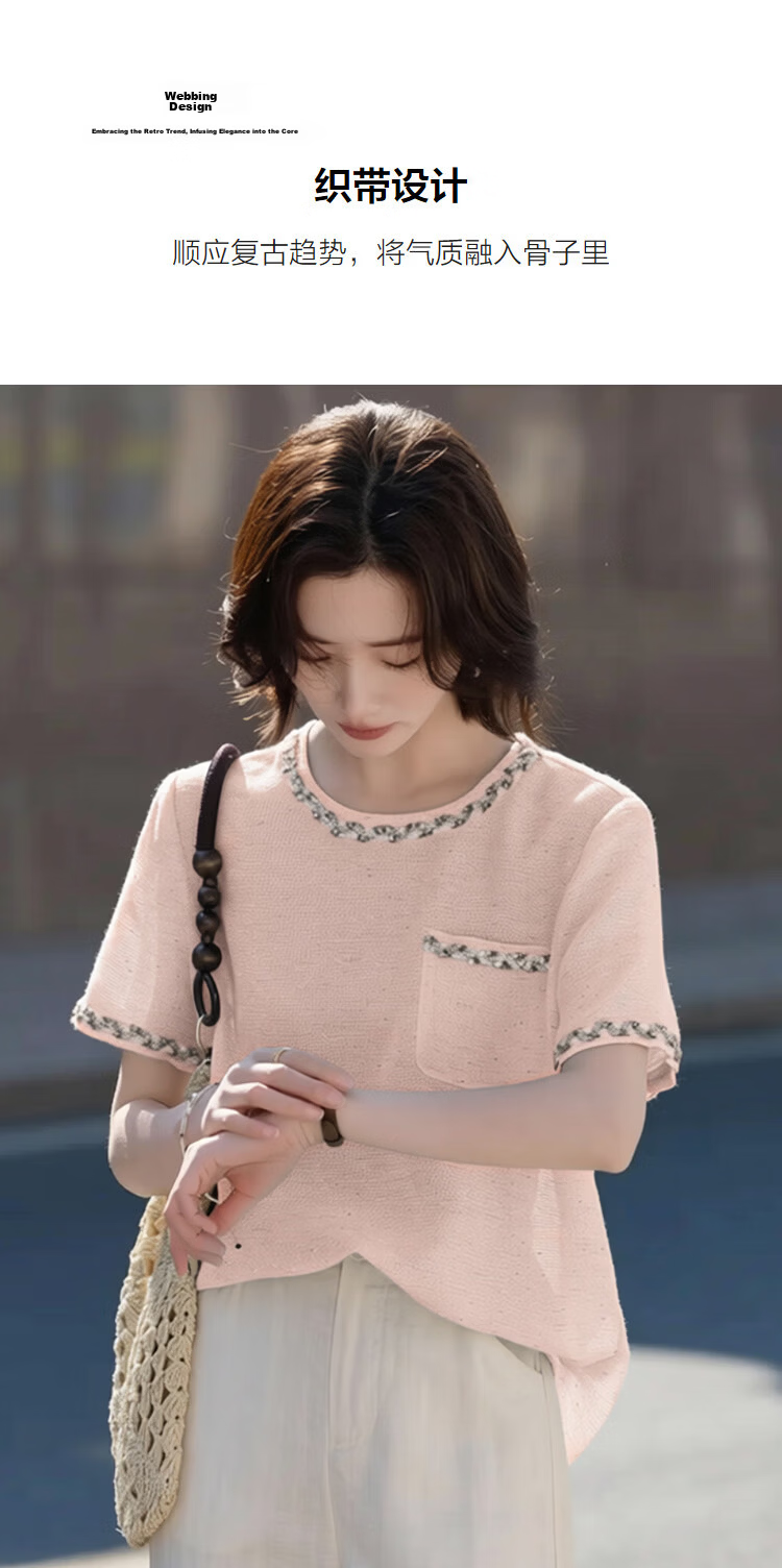 Demana [French Heiress] Summer Little Coco Style Ribbon Round Neck Short Sleeve Loose Slim Fit Petite Shirt for Women High-End Feel 7