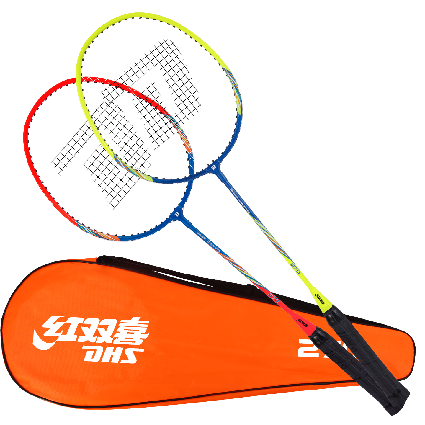 DHS Badminton Racket Set of 2, Affordable Training Double Rackets, 270 Colorful with Grip Tape, Badminton Shuttlecocks Included