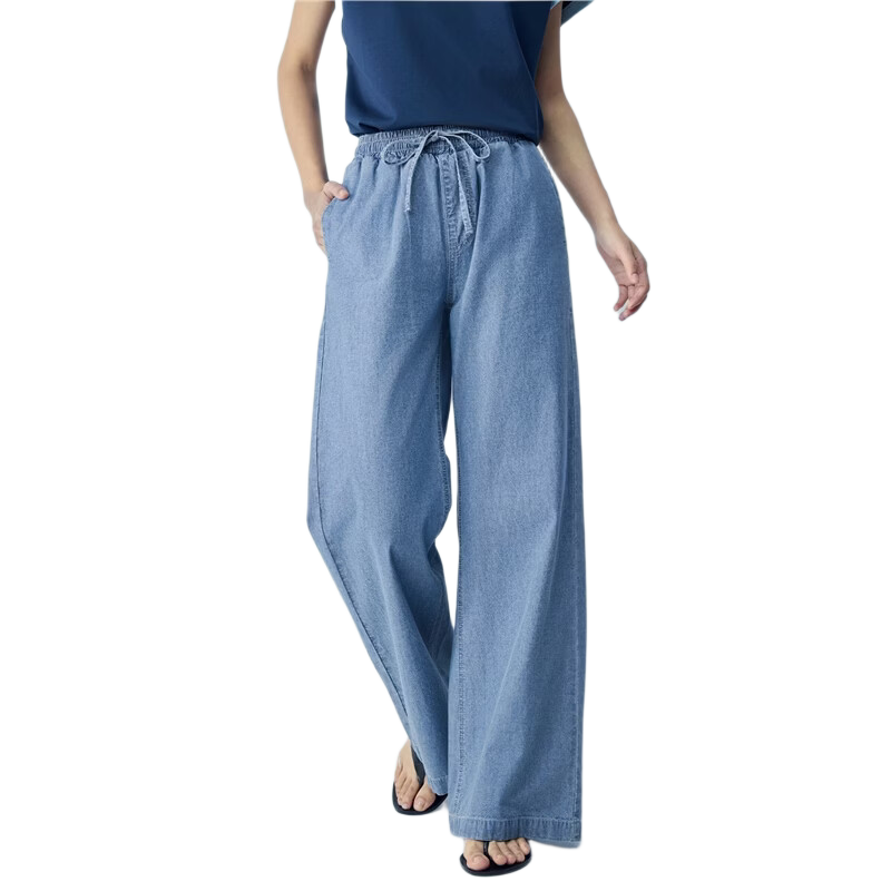 Giordano Women's Loose Fit Pants 2026 Summer Pure Cotton Lightweight Drawstring Elastic Waist Wide Leg Jeans 05416335