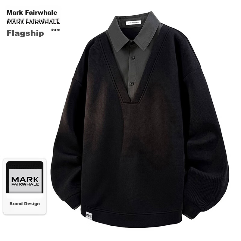 MARK FAIRWHALE Men's Sweatshirt Spring Autumn Fake Two-Piece Trendy Polo Collar T-Shirt Hong Kong Style Loose Casual Sweatshirt Black 2XL