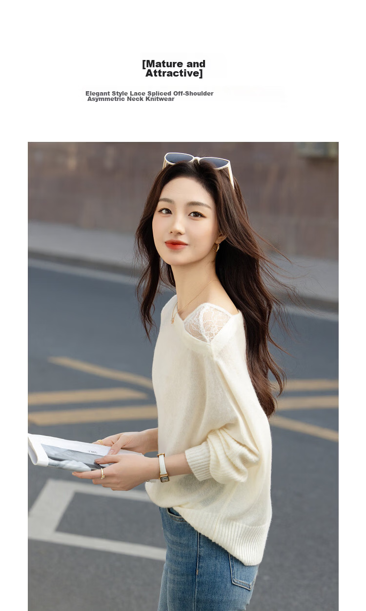 Demana Bare-Feel Lyocell Autumn Goat Cashmere Wool Spliced Lace Off-Shoulder Asymmetric Neck Knit Sweater for Women 5
