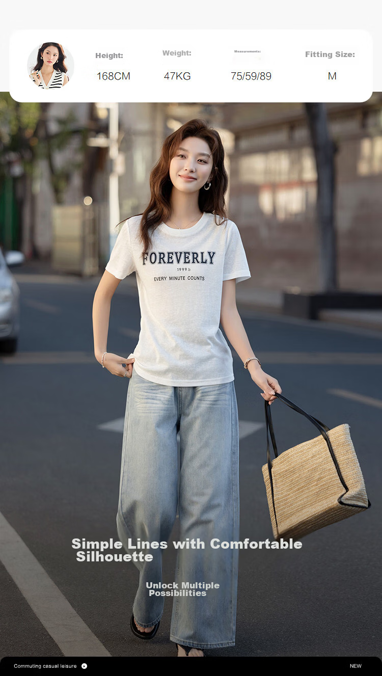 Demana [with Lyocell Cotton] Summer Simple Style Colorblock Letter Print Crew Neck Short Sleeve Comfortable Slim Fit Women's T-Shirt 9