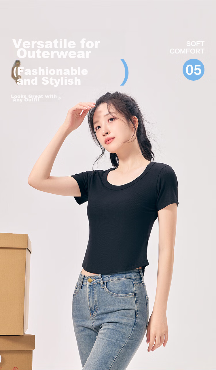 Hodo 10A Antibacterial Modal Short Sleeve T-Shirt for Women, Round Neck, Versatile Waist-Slimming Short Fit Base Tee 6