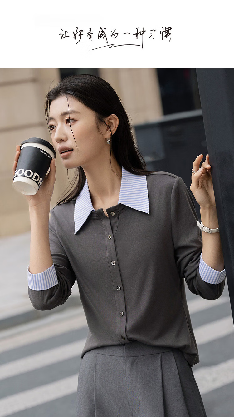 Demana [with Lyocell] Spring Elegant Color-Block Striped Patchwork Design Lapel Petite Women's T-Shirt 1