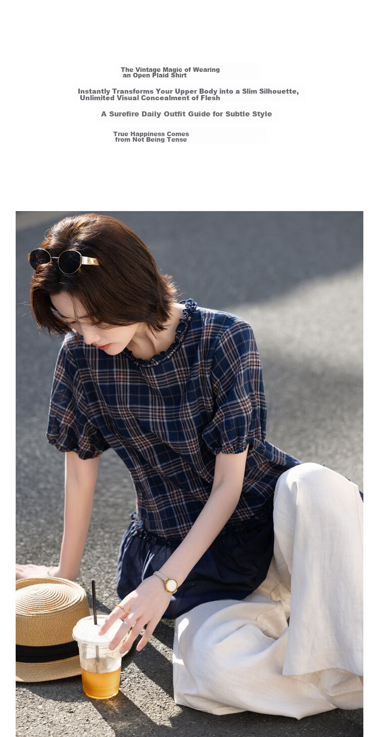 Demana Fresh Cloud Cotton Summer Ruffle Edge Plaid Patchwork Tie Short Sleeve Loose Slim Shirt for Women Premium Feel 6