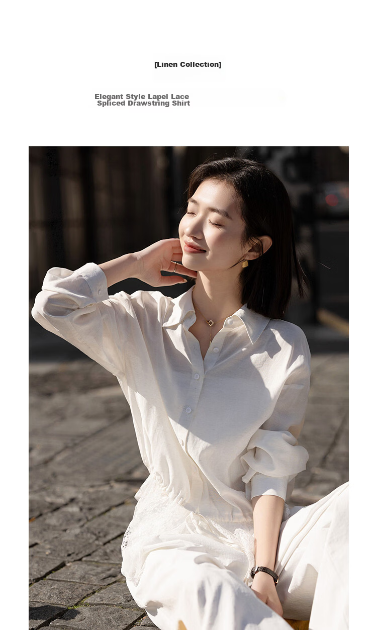 Demana Luxury Linen Spring Elegant Lapel Lace Splice Drawstring Loose Petite Women's Shirt 5