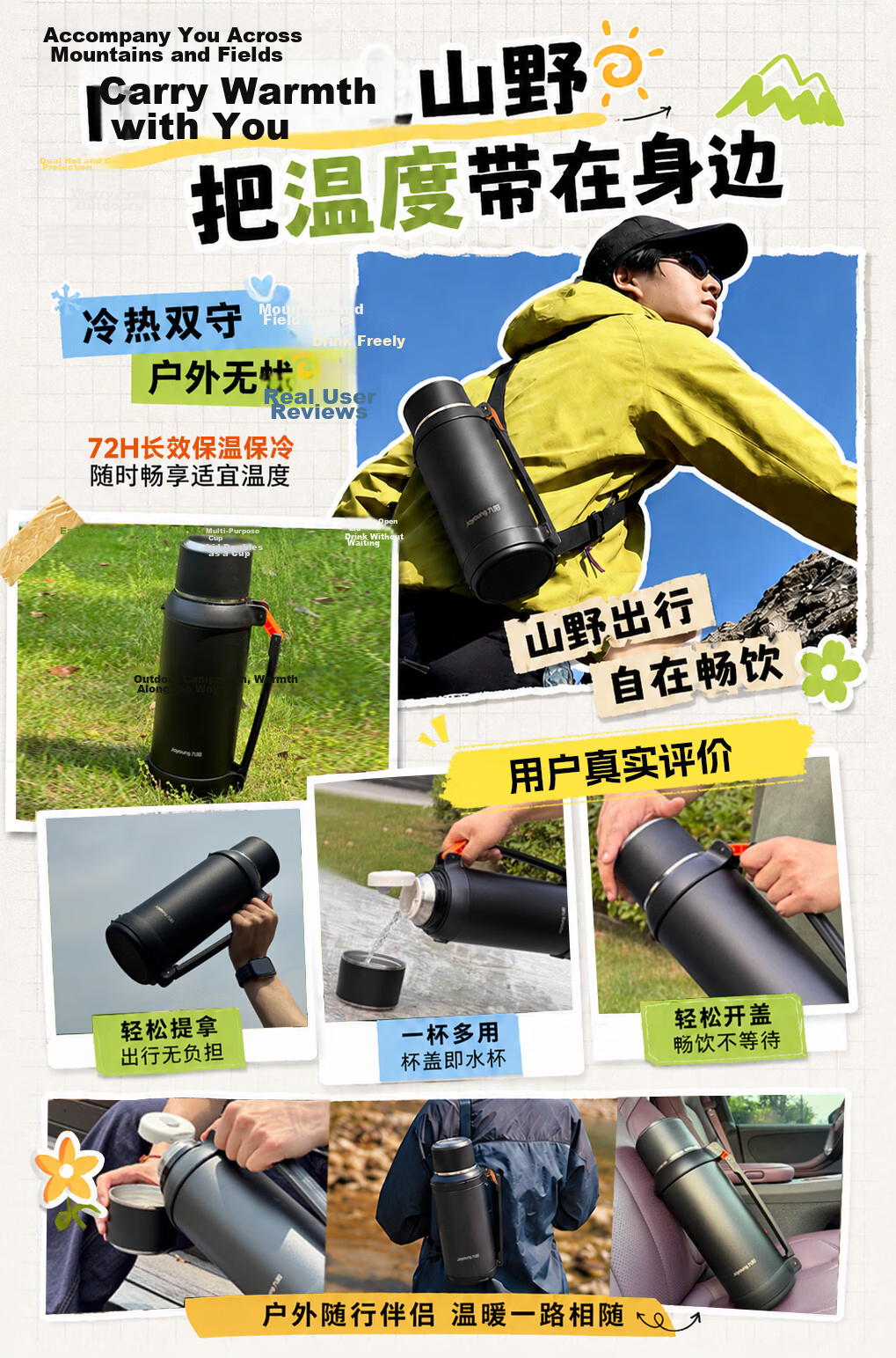 Joyoung 316L Stainless Steel Insulated Portable Travel Water Bottle Large Capacity Outdoor 72H Thermal Car Hot Water Flask 2.5L 1