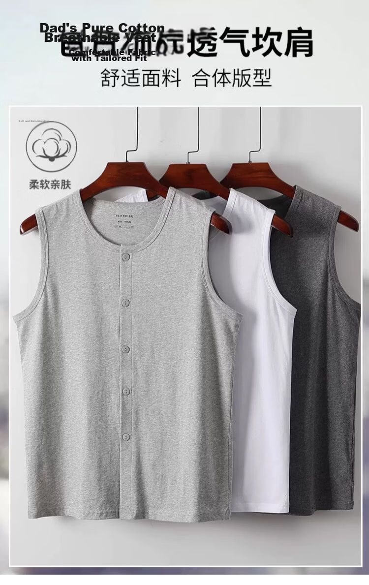 Langsha Men's Cotton Vest Cardigan Sleeveless Summer Outerwear Loose Fit Middle-aged and Elderly Dad Cotton Undershirt 1