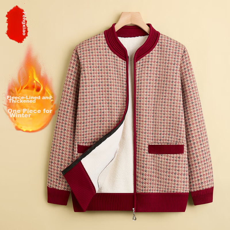 Fengxiao Grandma Style 2025 New Winter Coat Elderly Women's Fleece Warm Knitted Sweater Mom's Pullover