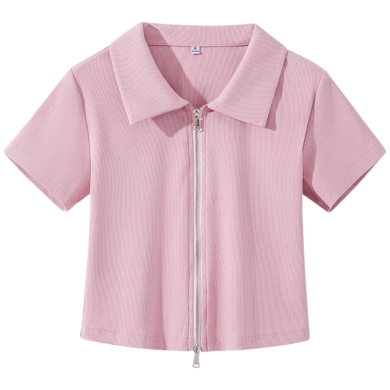TonLion Women's Short Sleeve Crop Polo T-Shirt with Trendy Double Zipper Design Slim Fit Summer Top