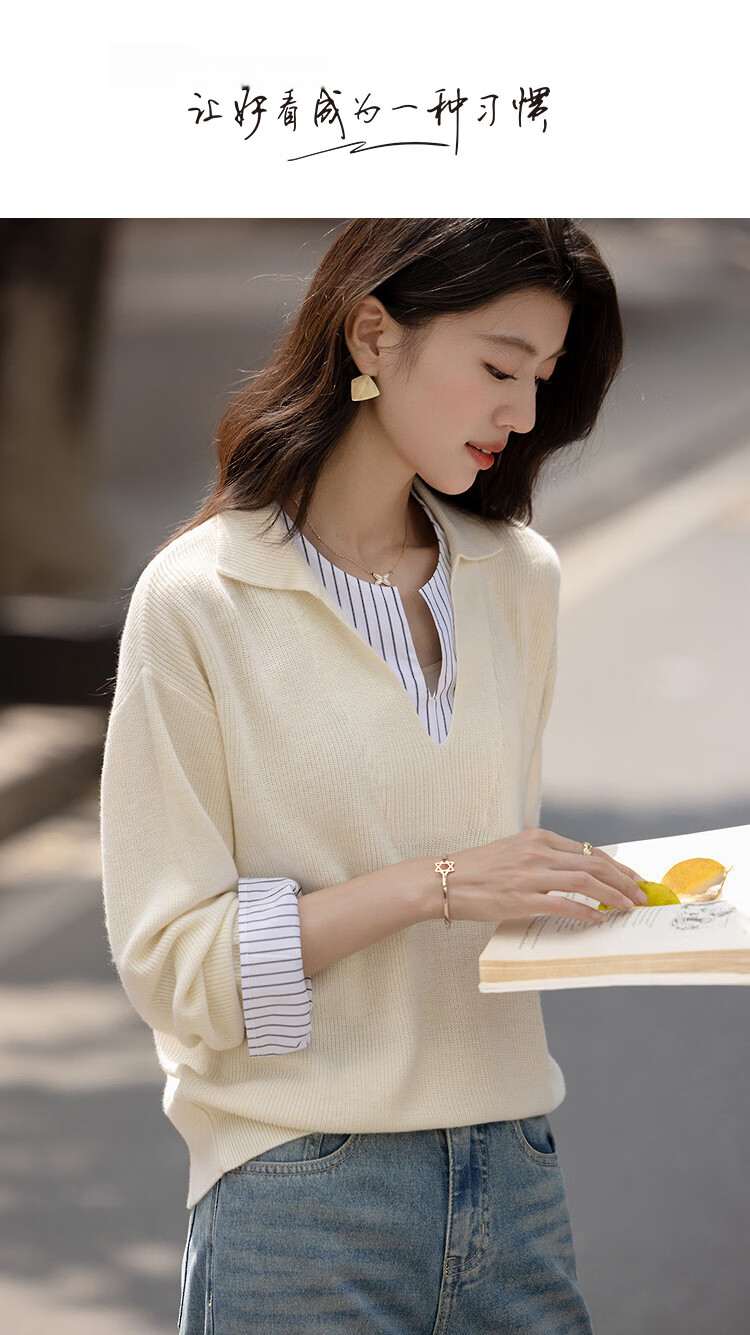 Demana【Sheep Wool and Mulberry Silk Blend】Spring Minimalist Patchwork Striped Polo Neck Knit Sweater for Women 1