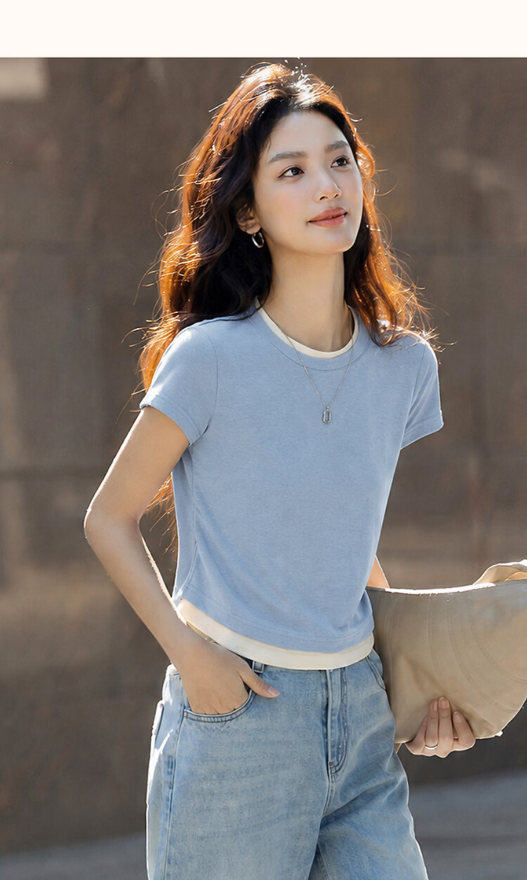 Demana [with Lyocell] Summer Elegant Colorblock Crew Neck Short Sleeve Slim Fit T-Shirt for Petite Women 23