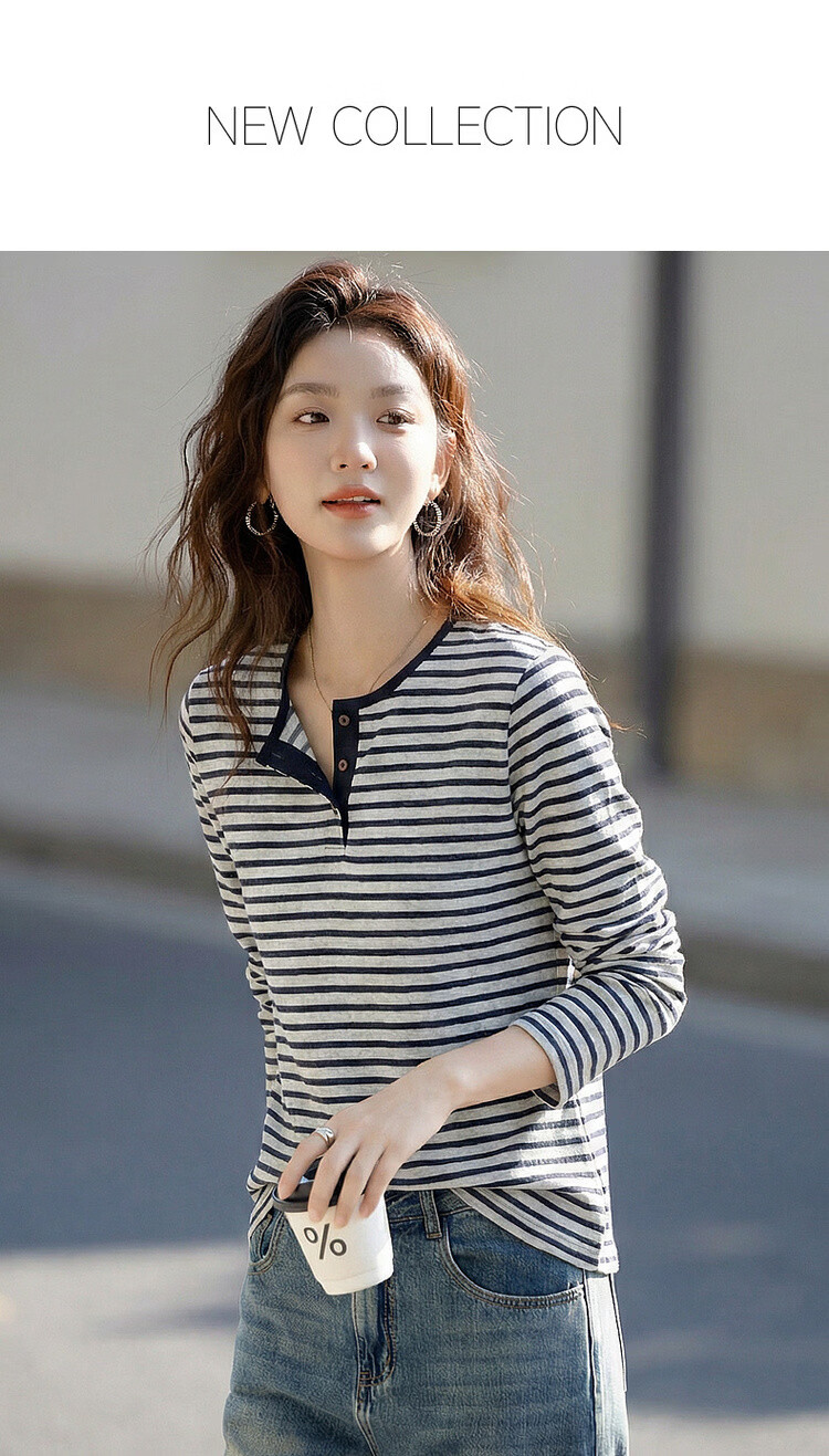 Demana [Smooth Lyocell] Summer Lazy Colorblock Stripe Henley Collar Long Sleeve Loose Slim Fit Versatile Women's T-Shirt 1